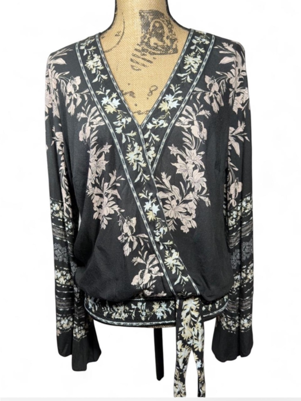 VENUS Size 12 Black Floral Boho Wrap Tie Blouse Bell Sleeve V Neck Top